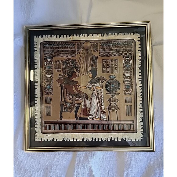 Authentic Painted Signed Egyptian Papyrus Framed Art 1994 Made In Egypt 10x10 - Picture 1 of 15